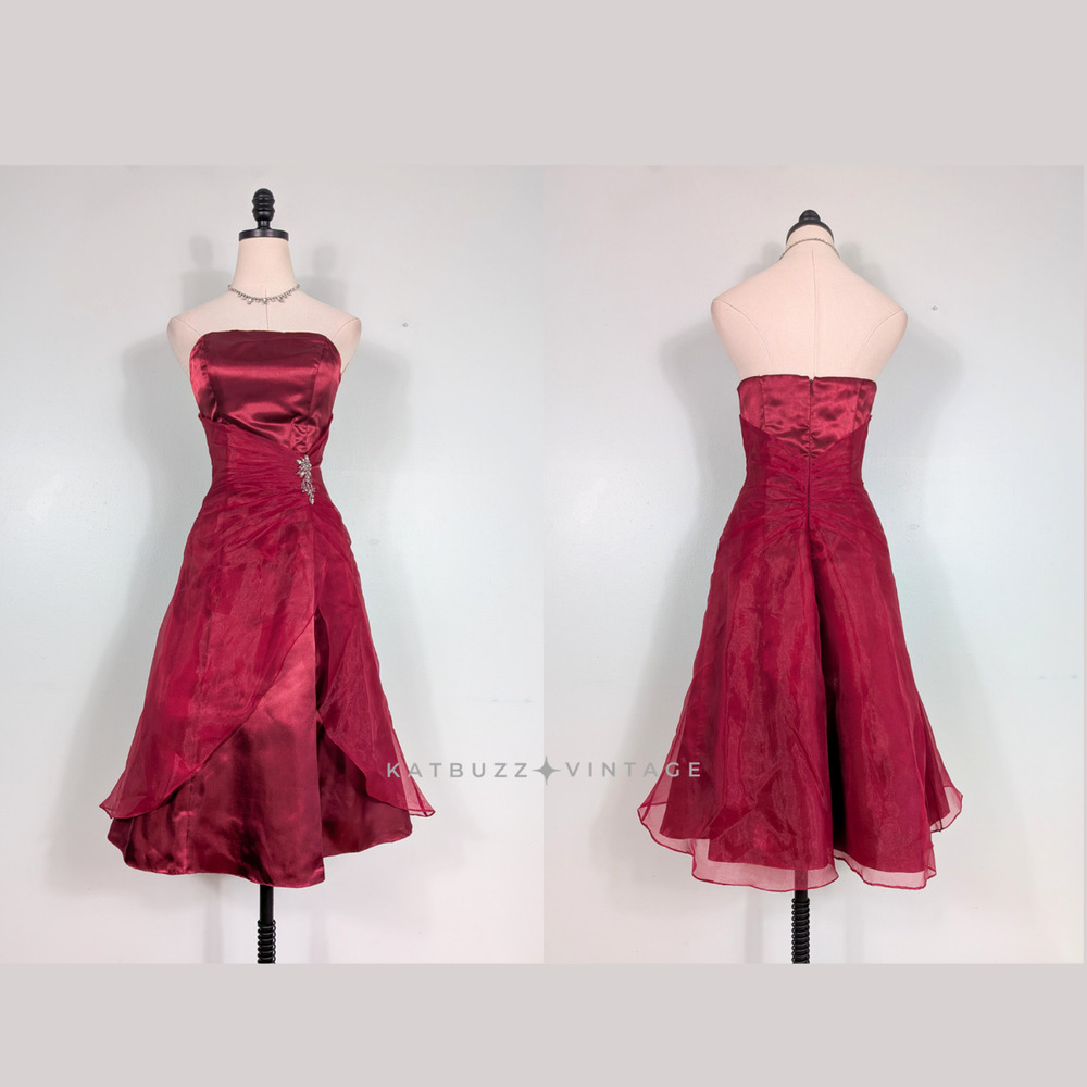 Vintage Prom Dress Mini Gown 8 Red Maroon Strapless Princess Goth Rhinestone Y2K